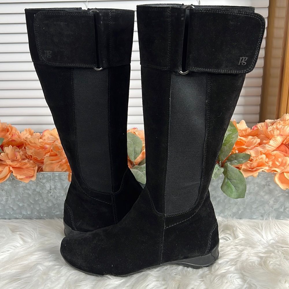 Paul Green Abby Tall Suede Boots Size 5.5 US Black Side Zip Stretch Panels